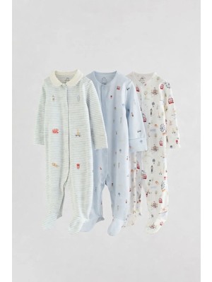Next Baby Pamuklu Mavi Londra Desenli 3'lü Tulum Set
