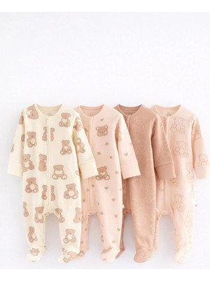 Next Baby Pamuklu Krem Kahve Ayıcık Desenli 4'lü Tulum Set
