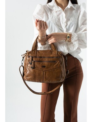 Baginn Vegan Deri Kadın Omuz Çantası Retro Y.s.deri Çok Cepli Çapraz Askılı Kol Çantası 28*24 cm