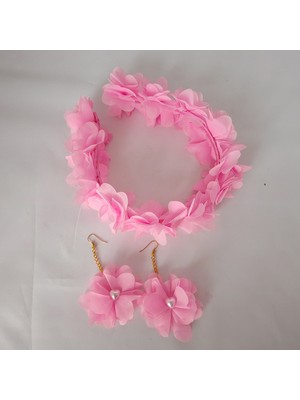 Big Store Toz Pembe Çiçekli Lohusa Taç ve Küpe Seti - El Yapımı Gelin & Fotoğraf Çekimi Aksesuarı