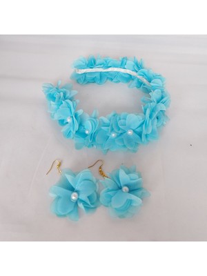 Big Store Mavi Çiçekli Lohusa Taç ve Küpe Seti - El Yapımı Gelin & Fotoğraf Çekimi Aksesuarı