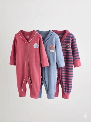 Next Baby Pamuklu Bordo Mavi Ayaksız 3'lü Tulum Set