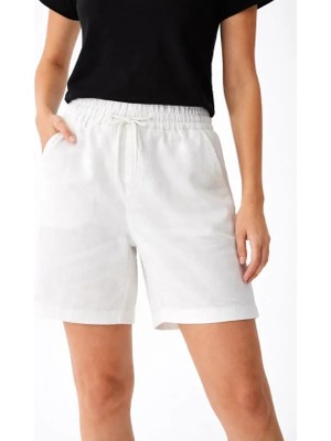 MiraLive Keten Kumaş Cepli Rahat Kesim Bel Lastikli Şort - Beyaz