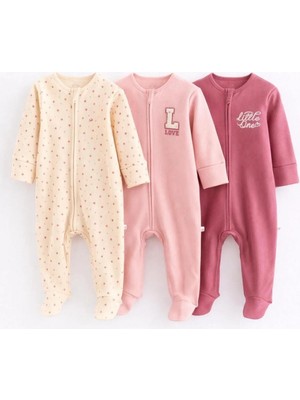 Next Baby Pamuklu Pembe Fermuarlı 3'lü Tulum Set