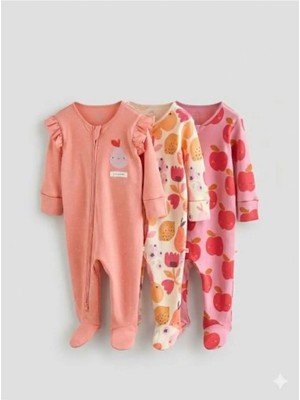 Next Baby Pamuklu Krem Turuncu Meyve Desenli 3'lü Tulum Set