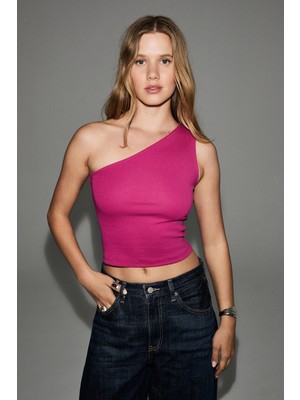 Grimelange Meadow Kadın Yumuşak ve Esnek Kumaşlı Asimetrik Yakalı Tek Omuzu Açık Fuşya Bluz