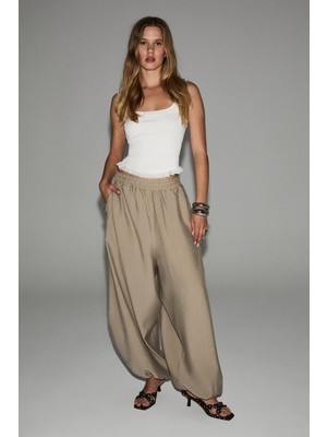 Grimelange Tensellet Kadın Tensel Kumaşlı  Kahverengi Barrel Bej Pantolon