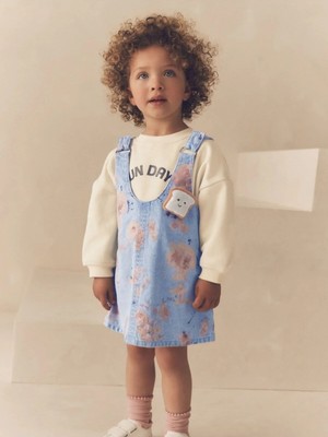 Next Baby Pamuklu Denim Çiçek Baskılı Elbise Sweatshirt Set