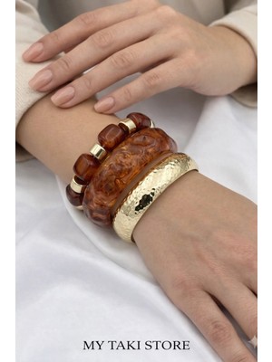 Desenli Kemik Formlu Akrilik Reçine Çoklu Kadın Bileklik- Bilezik Seti