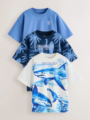 Next Baby Pamuklu Kısa Kollu Blue/ White Shark Desenli 3'lü Thsirt Set