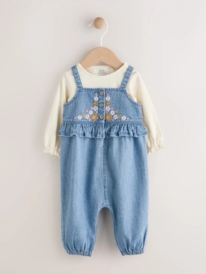 Next Baby Pamuklu Mavi Işlemeli Denim Uzun Kollu Salopet Body Zıbın Set