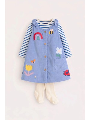 Next Baby Pamuklu Mavi Denim Uğur Böceği Desenli Body Zıbın Çorap 3'lü Set