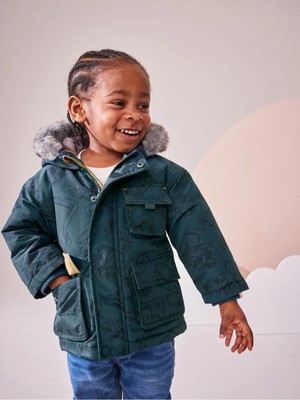 Next Baby Lacivert Iş Makinaları Desenli Kapüşonlu Suya Dayanıklı Mont