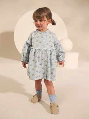 Next Baby Pamuklu Mavi Puf Kolluçiçek Desenli Elbise