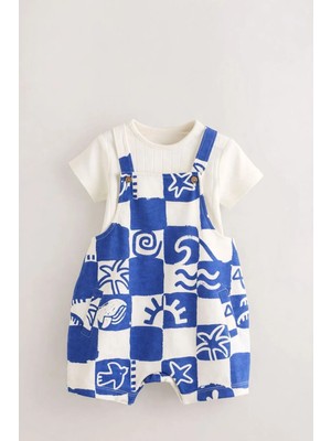 Next Baby Mavi Baskılı Kısa Kollu Salopet Body Zıbın Set