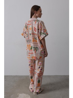 Infivento Baskılı Kısa Kol Pantolon Takım - Taş-Oranj