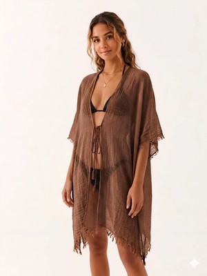Trend Nexus Yaz Modası Ip Detaylı Kahverengi Pareo