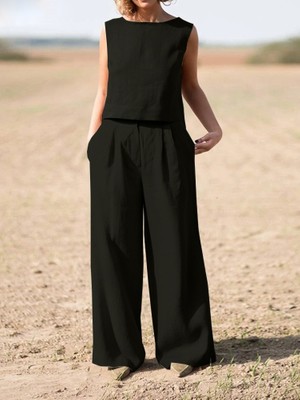 Sacrosa Keten Günlük Rahat  Kolsuz  Alt Üst Kadın Takım