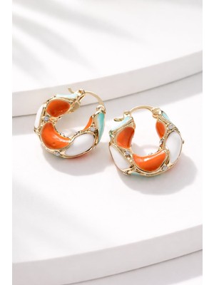 Mith Sb Takı 14K Altın Kaplama Vip Seri Vintage Turuncu - Turkuaz - Beyaz Mineli Geometrik Halka Küpe-Nikel İçermez