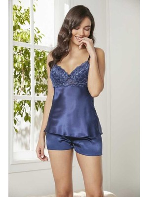 Pierre Cardin Lacivert Saten Dantelli Şort Babydoll Takım 415