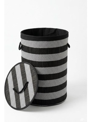 Hüco Bazaar Bambu Kaliteli Silindir Siyah Beyaz Kirli Çamaşır Sepeti Çok Amaçlı Sepet Oyuncak Sepeti 60 Litre