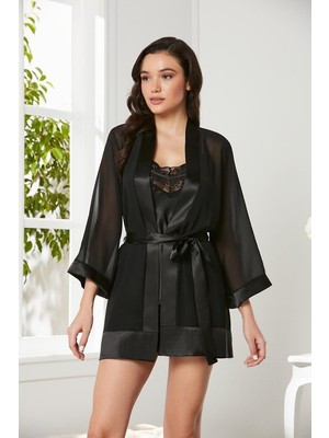 Pierre Cardin Siyah 3'lü Saten Dantelli Şort ve Şifon Dantelli Sabahlık Takımı 2475