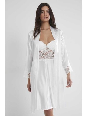 Pierre Cardin Ekru Sütyen Kaplı Sabahlık Gecelik Set 4265
