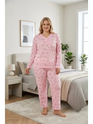 Kadın Büyük Beden Desenli Yakası Düğmeli Uzun Kollu Bambu Pijama Takımı