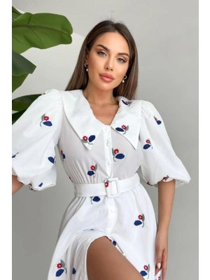 Infivento Kırmızı Yakası Çiçek Motifli Kemerli Elbise