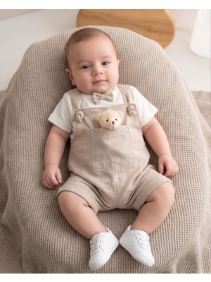 Ege Bebek Erkek Bebek Yazlık Keten Salopet ve Papyonlu Badili 2'li Şık Takım, 3-6-9-12 Ay, Bahçıvan Tulum