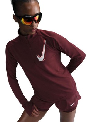 Nike Swoosh Dri-Fıt Çeyrek Fermuarlı Bordo Kadın Antreman Üstü