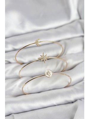 Solenya Gold Renk Zirkon Taşlı Kutup Yıldızı Model 3'lü Kadın Bileklik Kombini