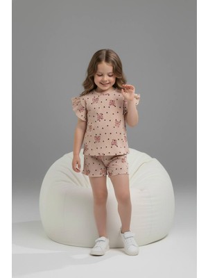 Yağmur Giyim Pjkskt Kalp Fiyonk Desen Fitilli Kumaş Fırfırlı Kollu Şortlu Kız Çocuk Kısa Kol Takım 6654