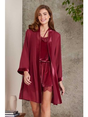 Pierre Cardin Dantelli Kadife Tulum Sabahlık Takım 4800 Bordo