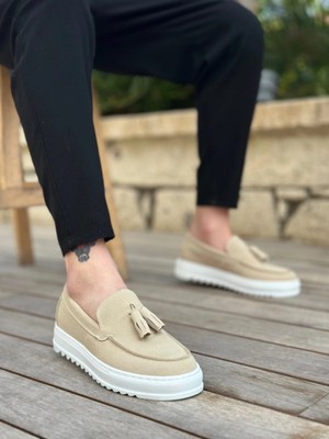 Mirglart BA0154  Bağcıksız Yüksek Taban Keten Krem Renk Püsküllü Erkek Ayakkabı