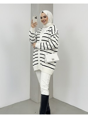 Modamorfo Çizgili Düğmeli V Yaka Triko Hırka    -Ekru