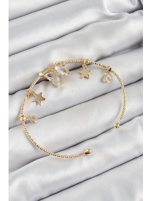 Solenya Pirinç Zirkon Taşlı Kelebek ve Yıldız Model Gold Renk Charm Bileklik