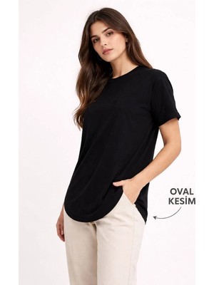 Mzp Kartan Kadın Basic T-Shirt Kısa Kol Bisiklet Yaka Oval Kesim Tişört - Siyah