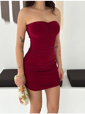 Mzp Kartan Kadın Drapeli Straplez Mini Elbise Esnek Kumaş Vücuda Oturan Gece Elbisesi - Bordo
