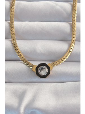 Inure Jewelry 316L Çelik Gold Renk Ezme Zincir Zirkon Taşlı Mineli Serenay Kolyesi