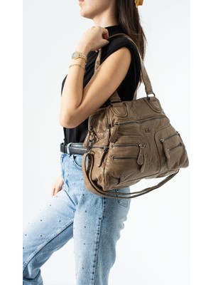 Baginn Y.s.deri Kadın Omuz Çantası Vegan Deri Çok Cepli Çapraz Askılı Kol Çantası 30*27 cm Yıkama Deri