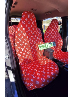 Şimika Lv Desen Xl Kırmızı 3D Baskı Otomobil Servis Kılıfı Ön ve Arka 4parça Takım 1.kalite Likrali Penye Yıkanabilir Her Araca Uyumlu