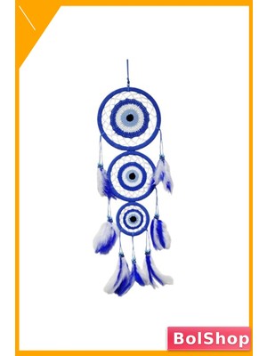 BolShop Mavi Nazar Motifli Kuş Tüylü Üç Halka Duvar Dekoru