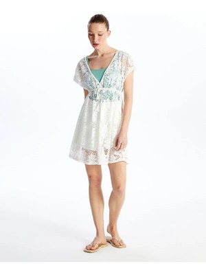 Lc Waikiki Yeni Sezon V Yaka Nakışlı Kısa Kollu Kadın Plaj Elbisesi