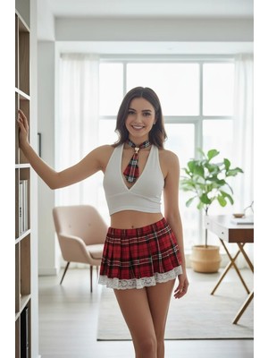 Asel Buutiks Kadın Cesur Ekoseli Dantelli Mini Etek, Tanga ve Bluz Takım