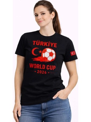 Giyim Center Kadın Türkiye World Cup 2026 Baskılı Tişört Futbol Temalı Forma T-Shirt - Siyah