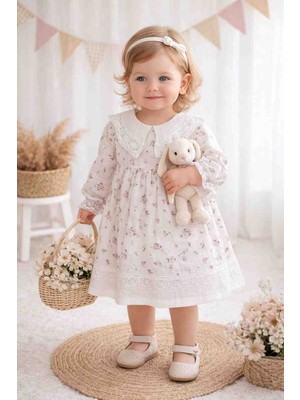 Dantel Yaka Detaylı Çiçek Desenli Müslin Kız Bebek Bayramlık Mevsimlik Elbise