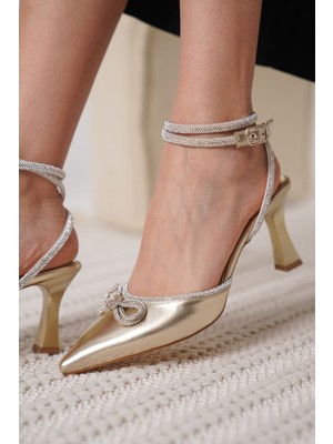 Zerenyus Zurich Premium Altın Taşlı Topuklu Ayakkabı 8 cm