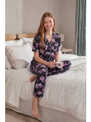 Mecit Pijama Mecit 6353 Lacivert Çiçek Desenli Boydan Düğmeli Kadın Pijama Takımı