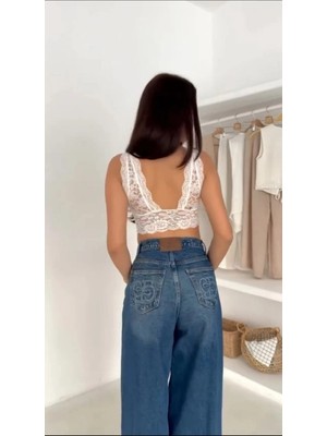 Kadın Dantel Bralet Crop Sütyen V Yaka Askılı Şık Esnek Rahat - Beyaz